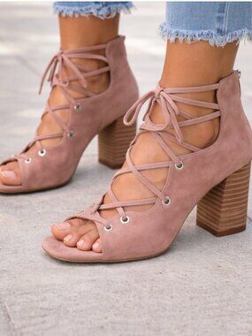 Vince Camuto Nahara Suede Lace-Up Block Heel Sandals Dry Rose | NWT 7.5